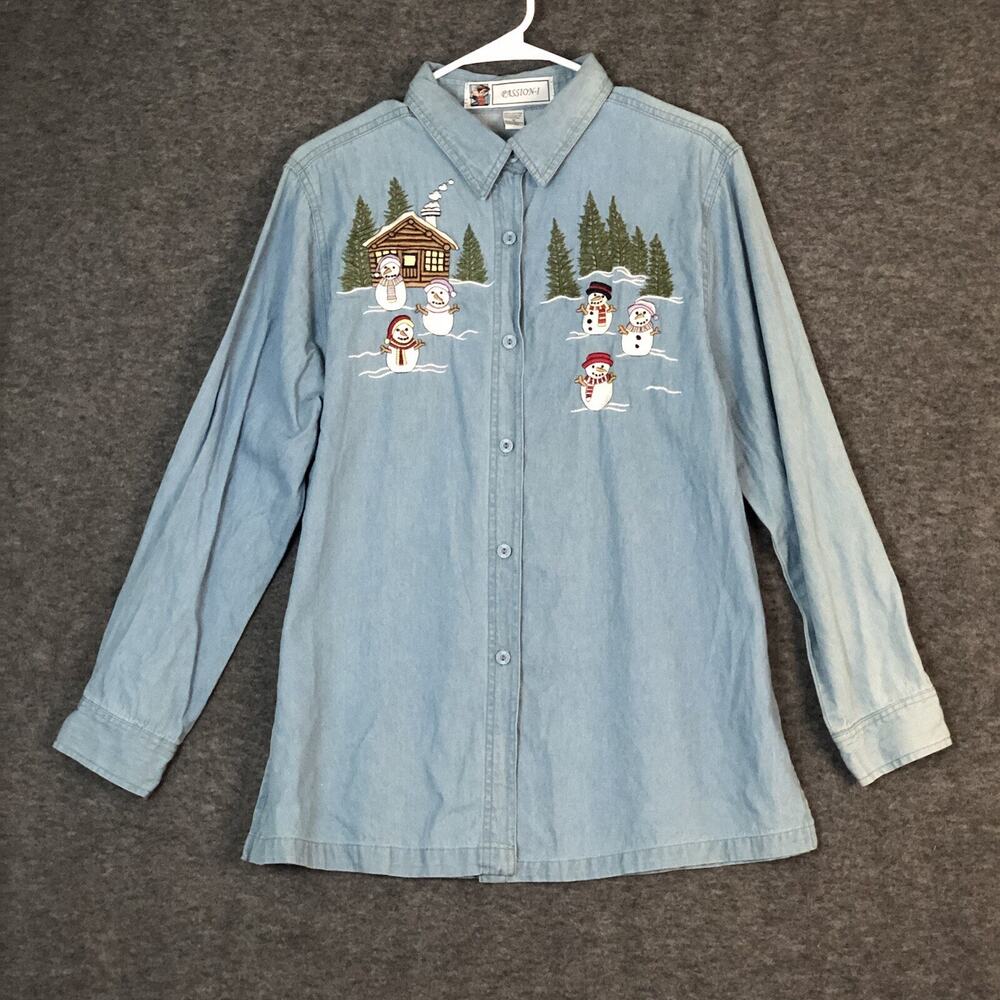 Passion-I Shirt Womens M Blue Denim Button Up Long Sleeve Embroidered Snowman